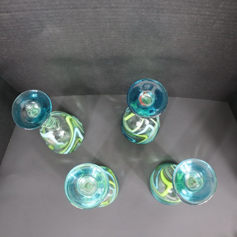 Set Of 4 Matching Hand Blown Mexican Blue/Green Swirl Margarita Glasses 9.5 in. - Picture 8 of 9